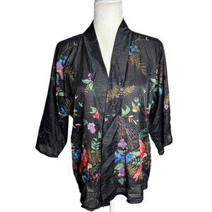 Vintage 70s Teddi Of California Kimono Style Top Size Small Black Floral Bird